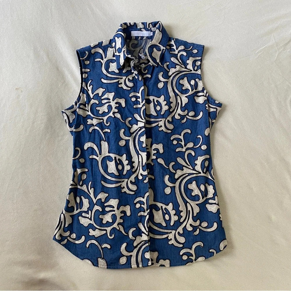 Anne Fontaine Tops - Anne Fontaine Blue Embroidered Sleeveless Button Down Blouse Size Womens 38/US 6